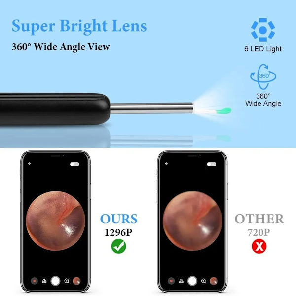 Ørerenser Ørevoksfjerner Otoskop Wifi Ørerenser Kamera, IP67,6 LED