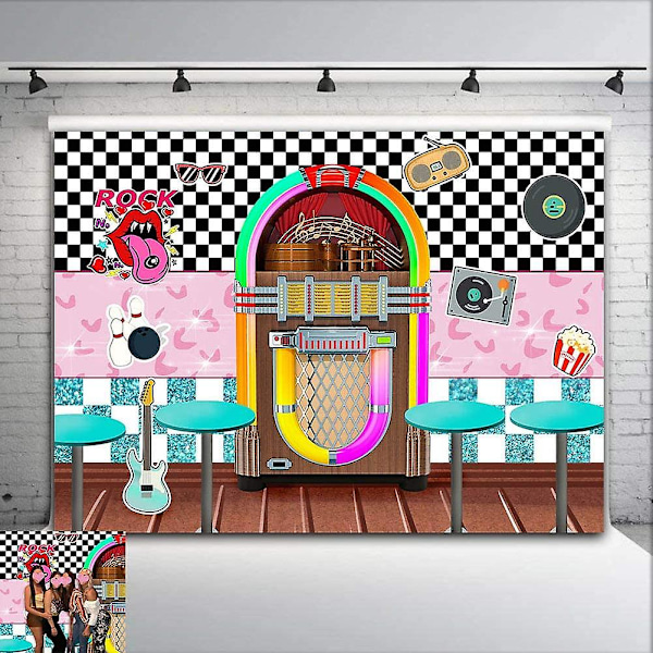 50-tals Sock Hop Fotobakgrund Vinyl 7x5ft För 1950-tals Rock'n'Roll Party Banner Dekorationer Soda Shop Retro Middag Prom Dans Fotobakgrund