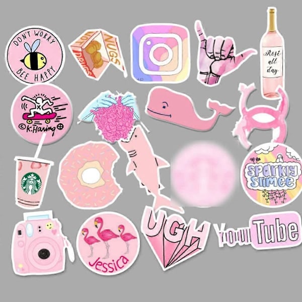Söta Laptopdekaler för Flickor, Snygga Rosa Vattenflaskedekaler, 53-pack Vinyl, Skateboard, Dator, Resväska, Gitarr, Snowboard
