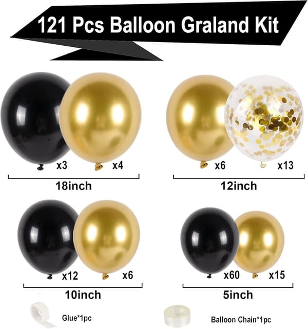 Sort og guld ballonbue sæt - 121 stk til festdekoration