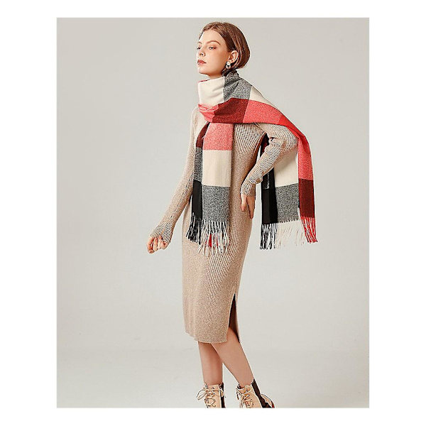 Dam Scarves Vinter Lång Mjuk Varm Tartan Check Wraps Ull Spinning Tassel Sjal Stole Scarf Damer, Röd