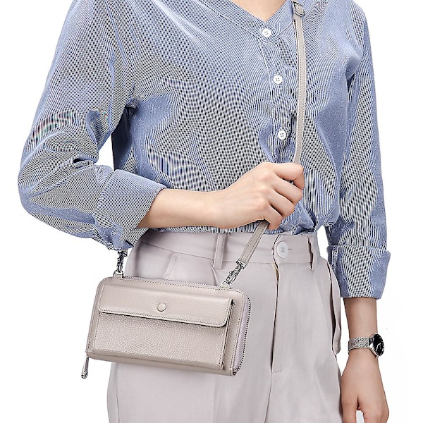 Äkta läder transparent touch screen mobil plånbok crossbody väska mini tote väska för kvinnor, grå