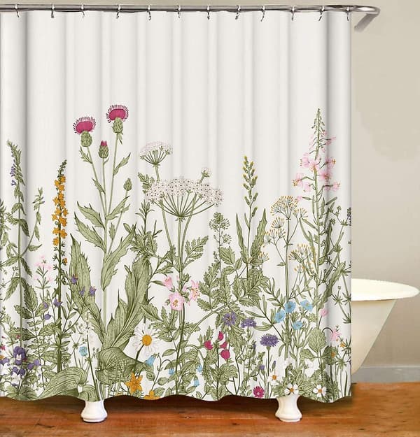 Blomster bruseforhæng med lyserøde blomster og grønne planter, vaskbart 3D-print botaniske badeforhæng