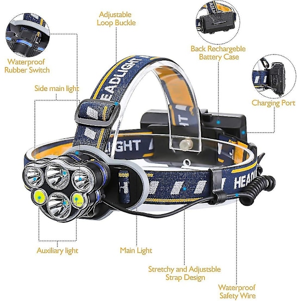 Superlys LED-hodelykt, oppladbar LED-hodelykt med 6 LED-lys, 12000 lm, 8 lysmoduser med USB-kabel og 2 batterier