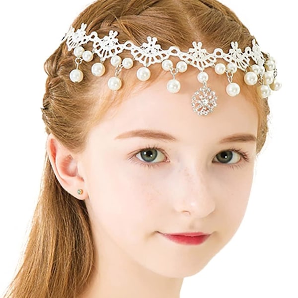 Princess Flower Lace Headpiece White Crystal Pearl Headband Bling Rhinestone Pendant Hair Accessories First Communion Wedding Prom Birthday Phot