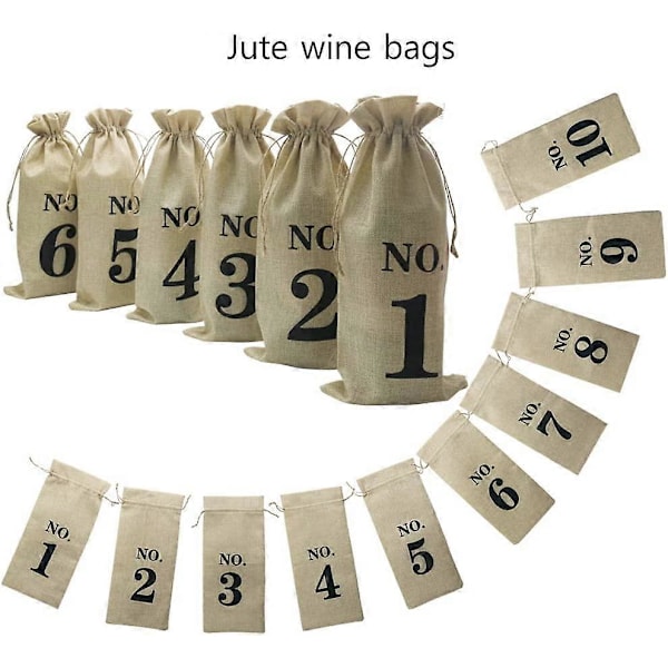10 st Jutevinsäckar, 14 x 6 1/4 tum Hessiansäckar Numrerade Vinflaska Presentpåsar med dragsko för Blind Vinprovning (Brun)