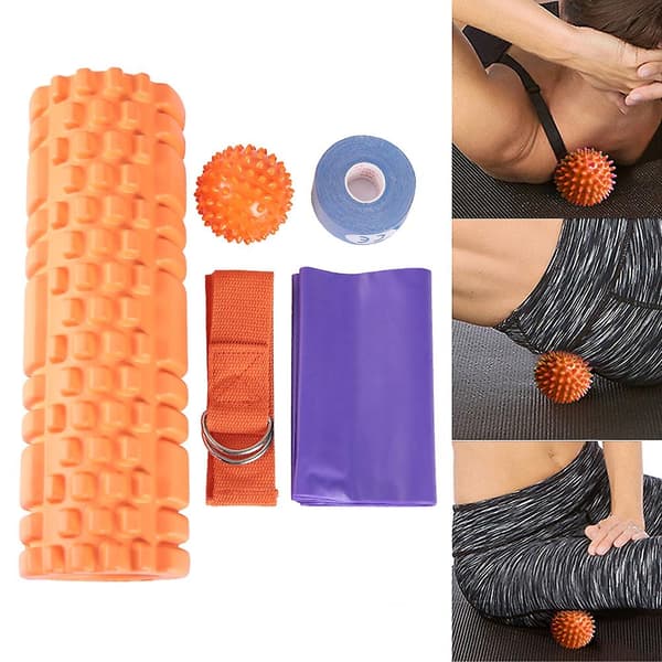 Yogarullesæt - 5 dele, orange farve - Inkluderer massagebold, søjle, modstandsbånd og forlængerbælte