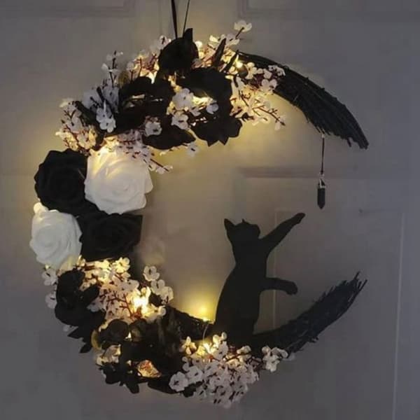 1 krans, Halloween, kat, måne, blomster, efterårsdekoration, veranda, indgang.