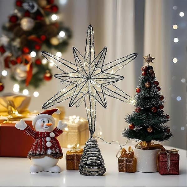 Julgransstjärna LED-belyst järntråd glitter geometrisk batteridriven silver