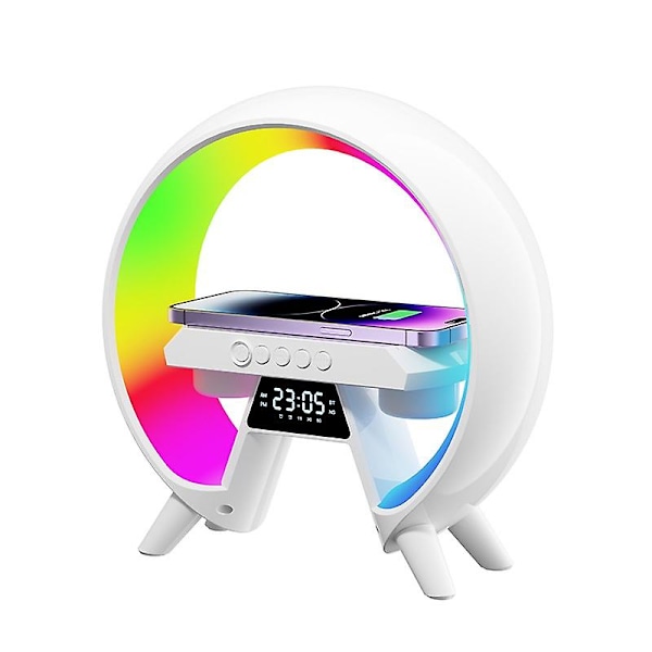 Multifunksjonell klokke Bluetooth-høyttaler lite nattlys med trådløs lader soverom atmosfærelys