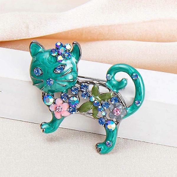 Söt Emalj Katt Brosch Elektropläterad Legering Rhinestone Blomma Djur Casual Brosch Nål Presenter (1st, Grön)