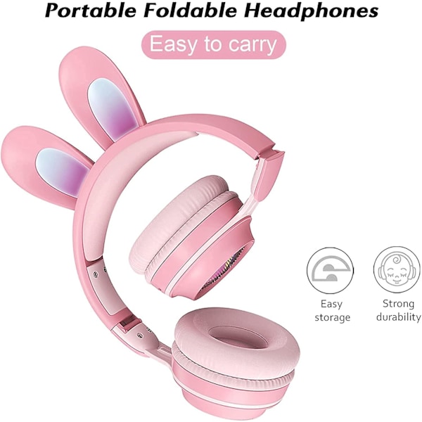 Barnehodetelefoner med Bluetooth, kaninører, bærbare, sammenleggbare, trådløse stereohodetelefoner