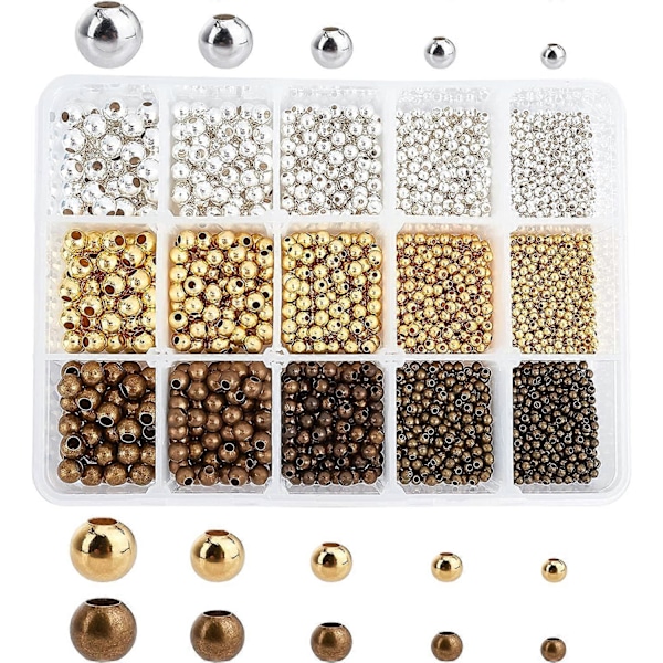 2700 st 3 Färger 5 Storlekar Glatta Runda Distanspärlor Små Metallpärlor för Smyckestillverkning (Guld, Silver, Antik Brons)