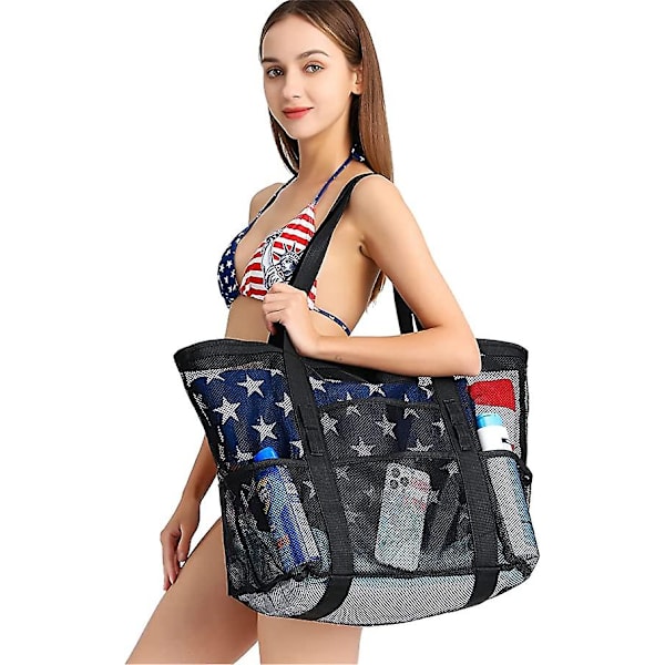 Strandtaske, F-farvet mesh strandtaske Oversized strandtote 9 lommer strandlegetøjstaske
