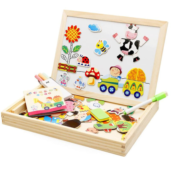 Magnetiska träpussel, magnetiska dubbelsidiga paneler, ritbord med färgpennor och krita, pedagogiska leksaker för barn över 3 år