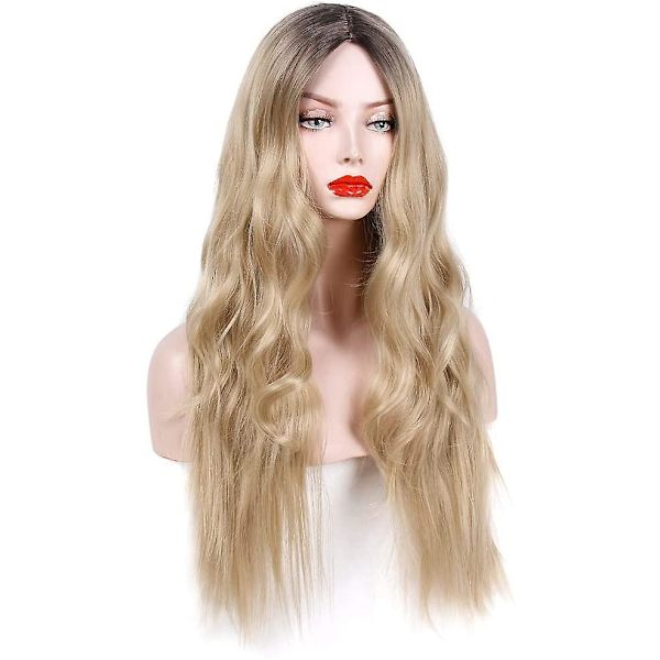 Ombre blond peruk med mörka rötter Naturlig vågig lång lockig syntetisk peruk för kvinnor Cosplay
