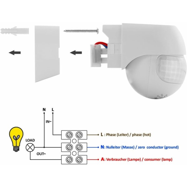 1x infrarød bevægelsesdetektor - til indendørs og udendørs rækkevidde op til 12m ved 180° roterbar hældning IP44 stænkbeskyttelse sort hvid