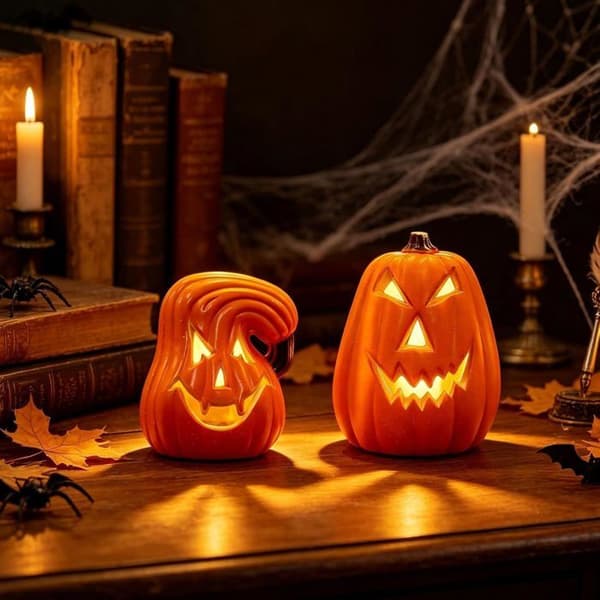 Halloween-dekoration, 2 stk. LED-græskarlys, oplyst græskar, til indendørs og udendørs brug
