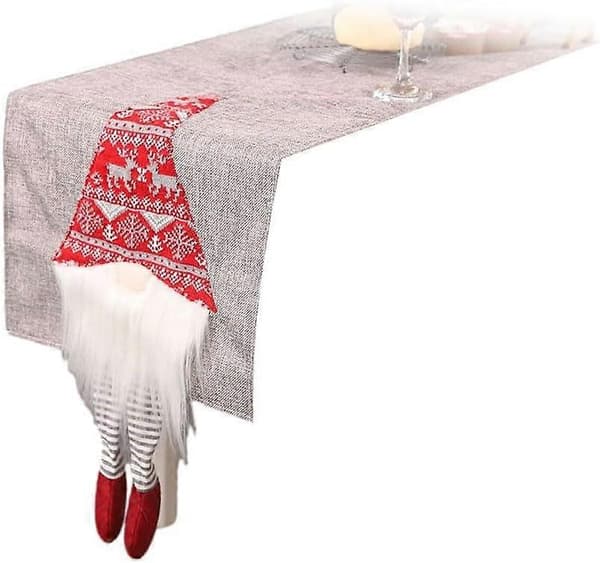 Rektangulär Linne Bordlöpare Jultomte Dvärg Mönster Grå 33x180cm-B