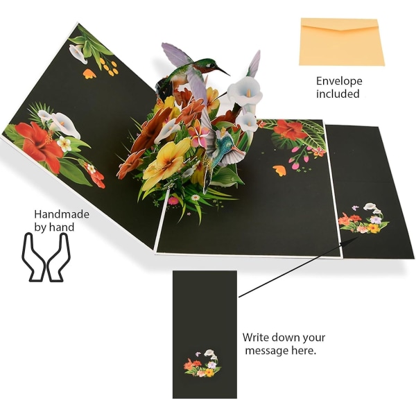 Pop-up-kort, blommigt födelsedagskort med kuvert och anteckningskort, 3d-pop-up-födelsedagskort för fru mamma systervän lärare (kolibri)
