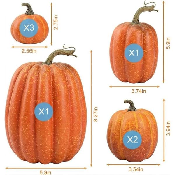 Sæt med 7 kunstige dekorative græskar - 7 størrelser - skum - til borddekoration, Halloween og efterårsindretning - orange