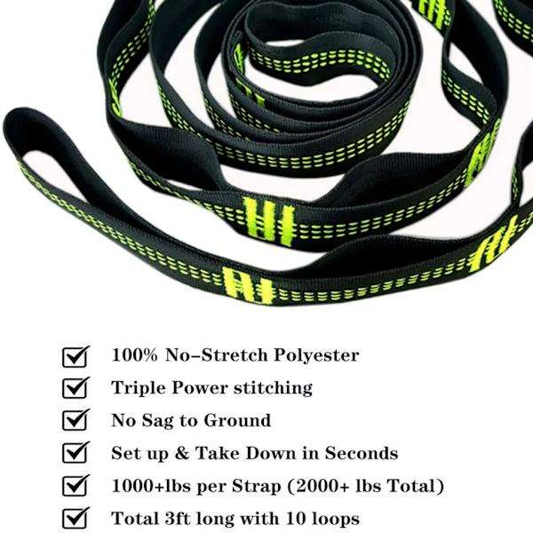 Hängmattefästsats, 3m x 2,5cm, Max 500kg, Inkluderar 15 Delar, 1 Ring, 2 Karbinhakar, Stålfjädrar för Camping & Utomhus