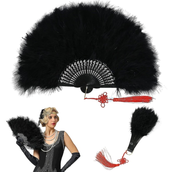 (Svart) Marabou fjäderfläkt från 1920-talet, fjäderfläkt med hopfällbar ficka för kostymer, vintage Gatsby Party Dance Fan