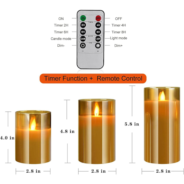 Dww-LED-lys (brun), sett med 3 dekorative lys 10/12,5/15 cm, flammefri lys 300 timer, flimrende LED-flamme. Med fjernkontroll for timer,