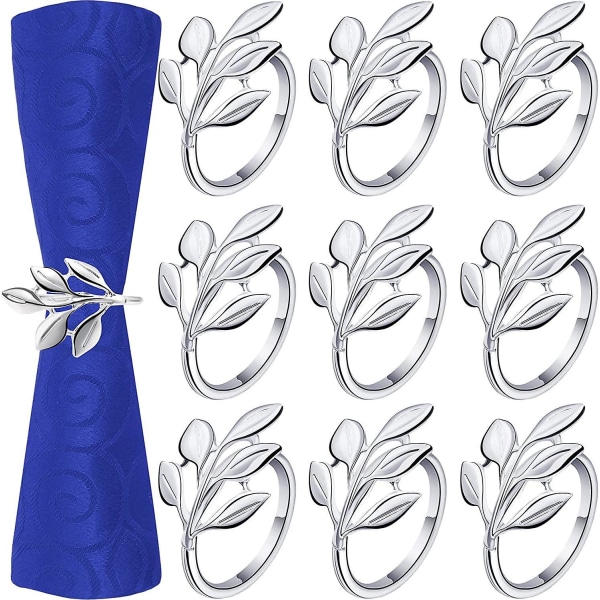 Servettringar (9 blad, silver), 9 metallservettspännehållare för bordsdekoration vid bröllopsmottagning