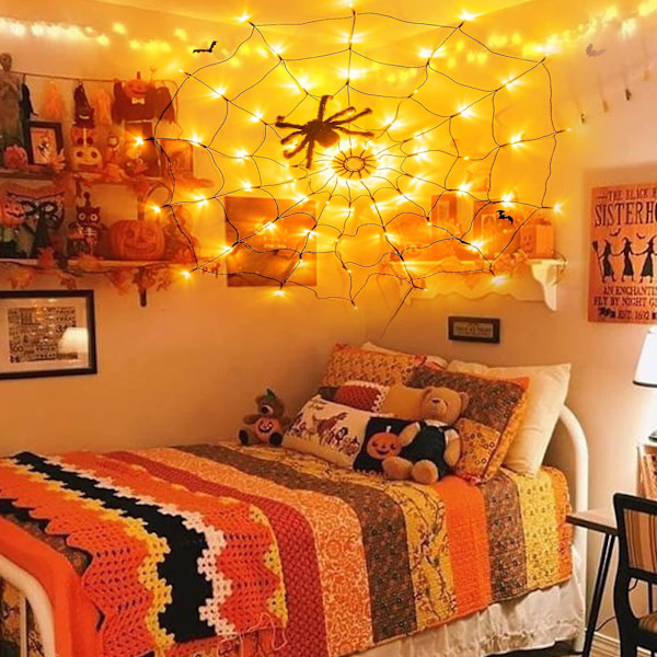 Led Halloween Musta Hämähäkinseittivalot 80 Led Vedenpitävällä Oranssilla Verkkovalolla Ja 1 Mustalla Hämähäkillä Kotiin Pihalle Puutarhaan Sisä- Ja Ulkokauhu Hallo