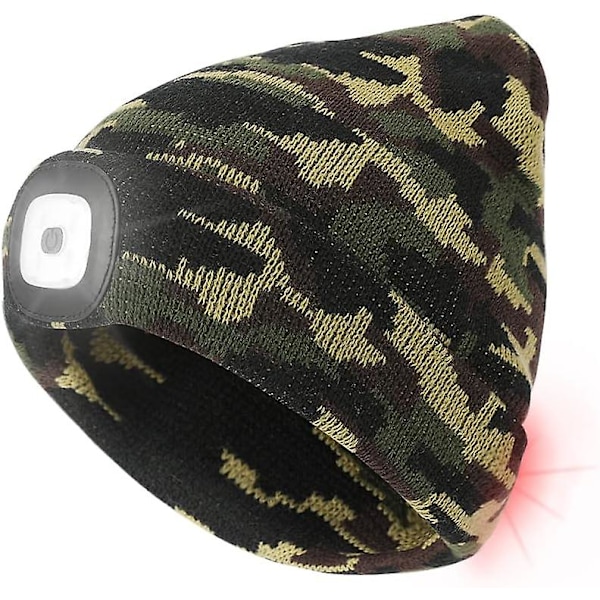 Hue med lys og rødt advarselslys, USB genopladelig LED lysende hue med 3 lysstyrkeniveauer, håndfri pandelampe hætte (camouflage)