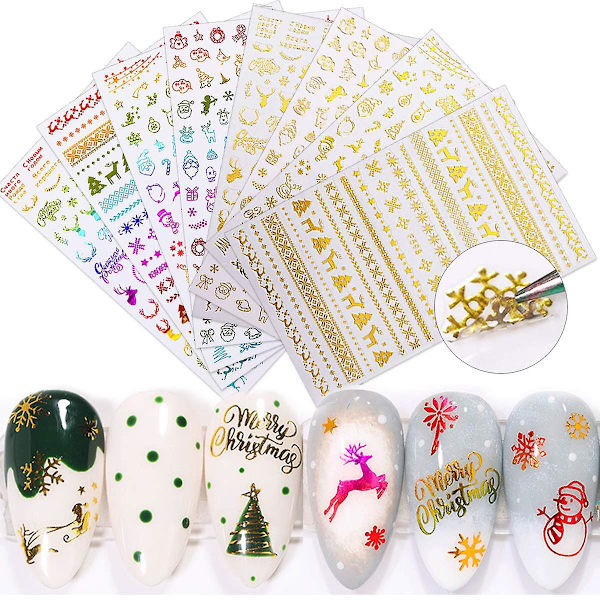 Julnageldekaler, 8 st, jultema, snö, 3D, självhäftande nageldekorationer, julklapp, nagelklistermärken