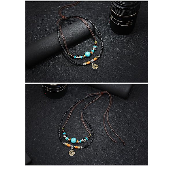 Dww-1 kpl Boho-naisten kaulakoru, vintage-käsintehty höyhenriipus, turkoosi nahkakorvakorut, helmikaulakoru, boheemi kaulakoru, heimo-korut, lahja