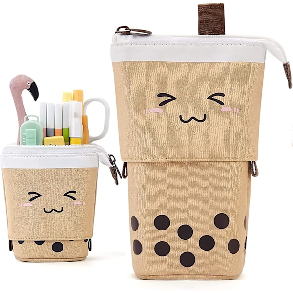 Standing Pencil Case Cute Telescopic Pen Holder Kawaii Stationery Pouch Makeup Cosmetics Bag For School Students Office Women Teens Girls Boys (brown)