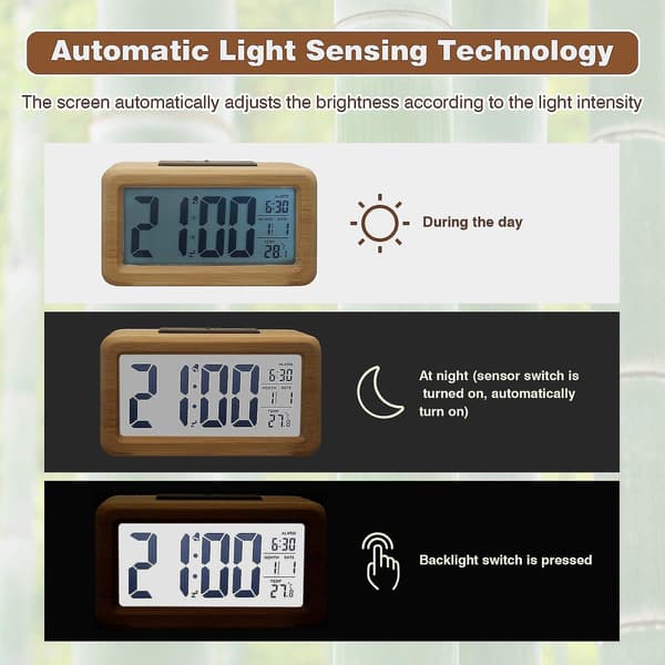 Trädigital väckarklocka, stor LED-display, elektronisk klocka 12/24 timmars display, smart sensor nattlampa