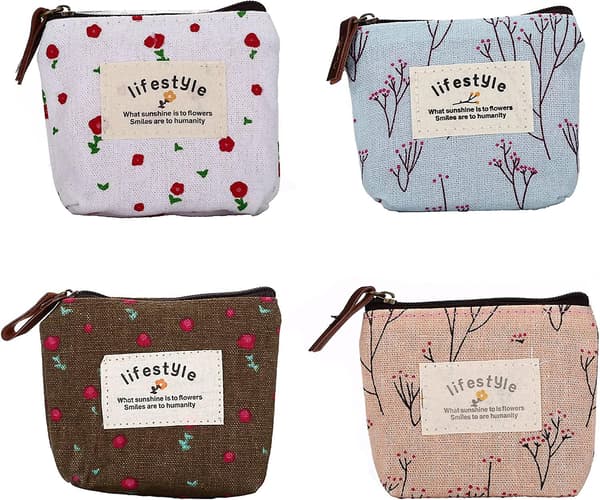 Söt Blommig Canvas Myntplånbok Liten Blixtlåsficka Väska Plånbok Av , 4-pack