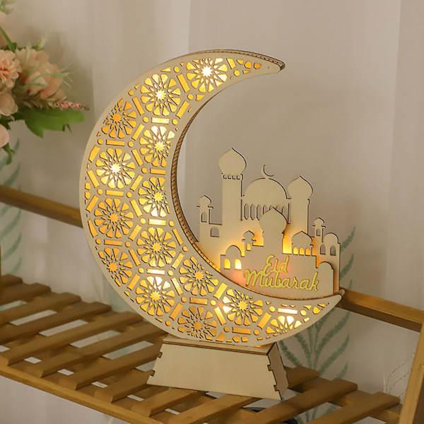 Hjemmeinnredning Ramadan nattlys - Eid Mubarak LED-lys - Måne stjernelys trebordlampe islamsk muslimsk Ramadan festivalfestdekorasjon