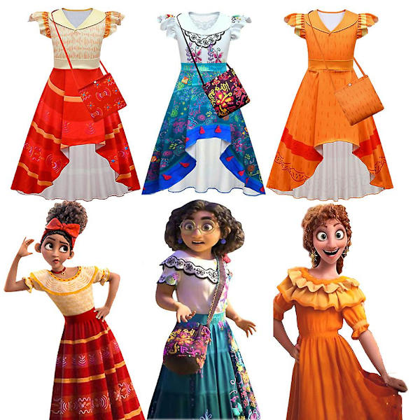 Encanto Mirabel Pepa Dolores Kostym för Flickor Klänning med Väska Karneval Cosplay Fest Peruker Rekvisita (En Storlek, Mirabel Peruk med Glasögon)