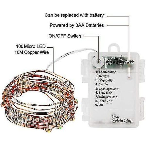 2 Pakk Led Lyskjeder 10m 100 8 Moduser Utendørsbelysning Kobbertråd Batteridrevet Ip67 Vanntett Med Fjernkontroll Og Timer For Utendørs, Innendørs