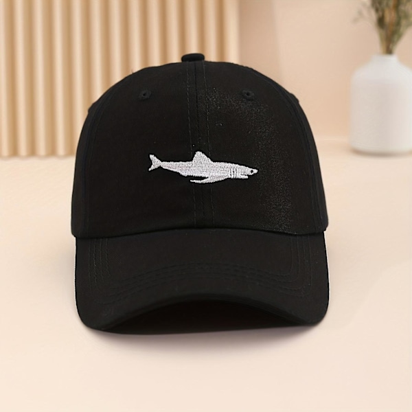 Cartoon Washed Embroidered Shark Baseball Cap Hat Peaked Cap（musta）