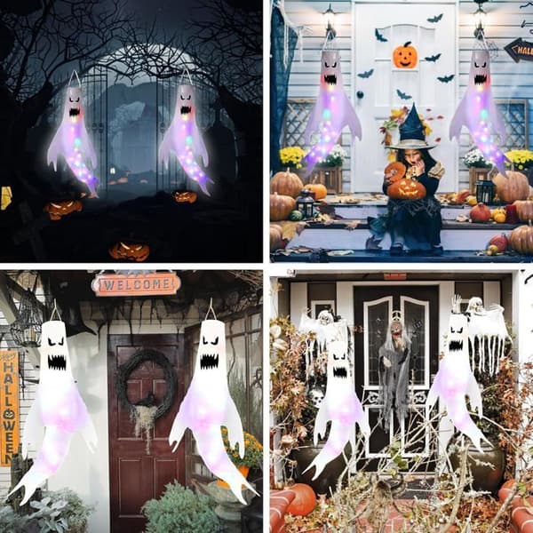 2 st Halloween Spökvimplar med Lampor – Inomhus/Utomhus Hängande Dekoration för Halloweenfester