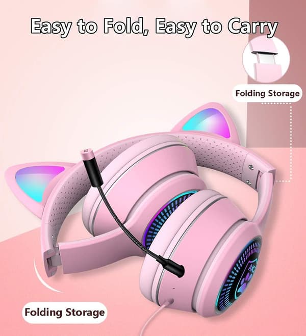 Katteøre Gaming Headset med Mikrofon Blinkende Lysende Stereo Headset-Pink