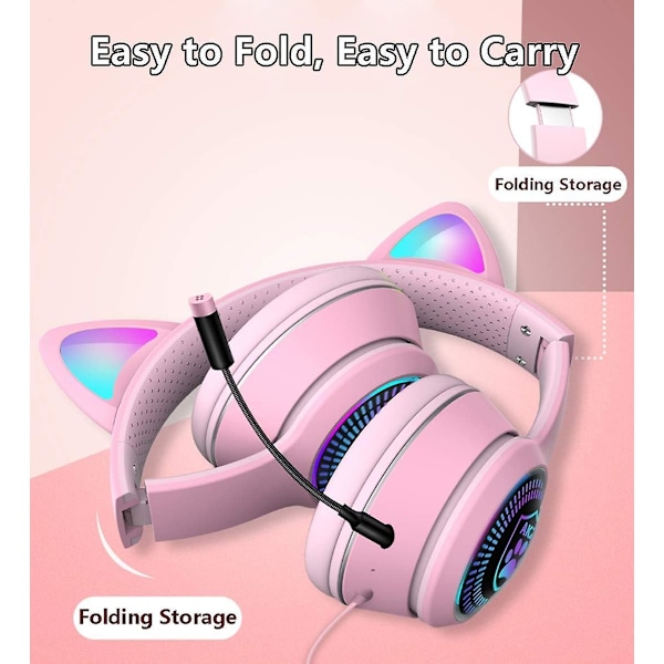 Kattöron Gaming Headset med Mikrofon Blinkande Lysande Stereo Headset-Rosa