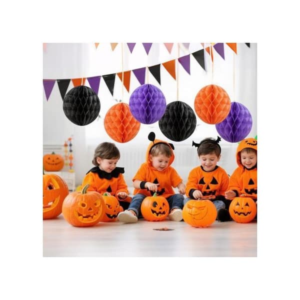 Halloween Dekorationssæt - 21-dele Sæt - Orange/Sort/Hvid - Græskar, Spøgelse, Flagermus - 3D Honeycomb Bolde
