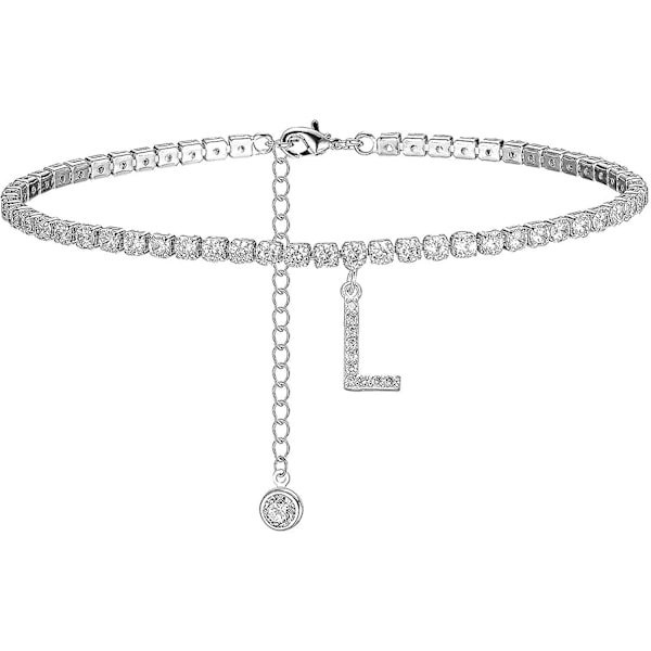 Initial Anklets för kvinnor, vitguldpläterad delikat tenniskedja Cz bokstavsankelband sommar smycken presenter till kvinnor tonårsflickor L-silver