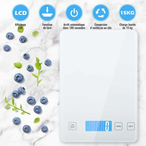 15kg karkaistua lasia keittiövaa'at elektroniset ruokavaa'at tarkkuusvaa'at Premium vedenpitävä karkaistu lasilevy Smart Touch Control (valkoinen)