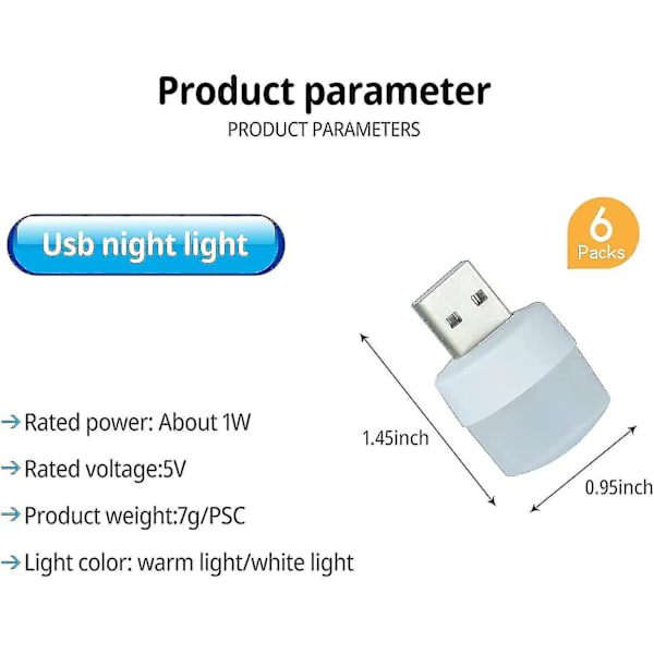 6 stk. USB-plugglampe USB-nattlys Mini USB LED-lys USB-stemningslys Liten rund nattlys
