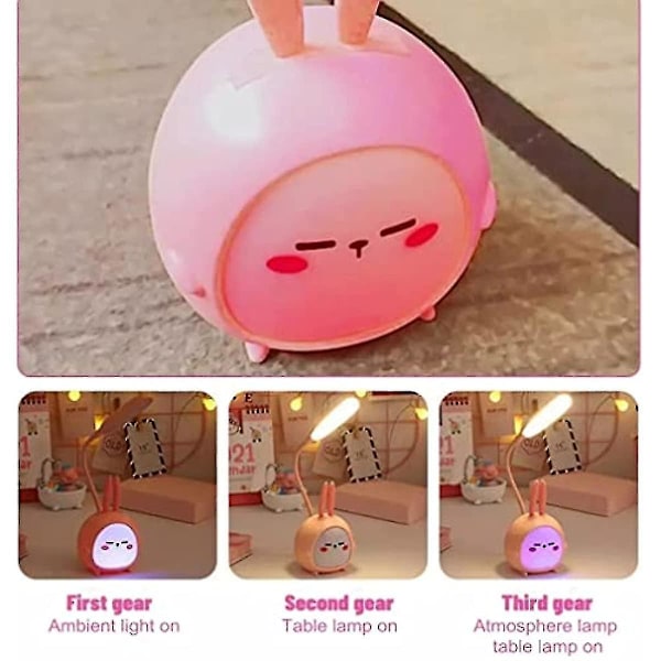 Bärbar LED-bordslampa med nattlampa, söt kanin, hopfällbar, USB-laddning, läslampa för sovrum (rosa)