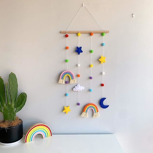 Macrame Regnbue Vægophæng til Børneværelse, Regnbueophæng til Fotos med Pom Pom Bold