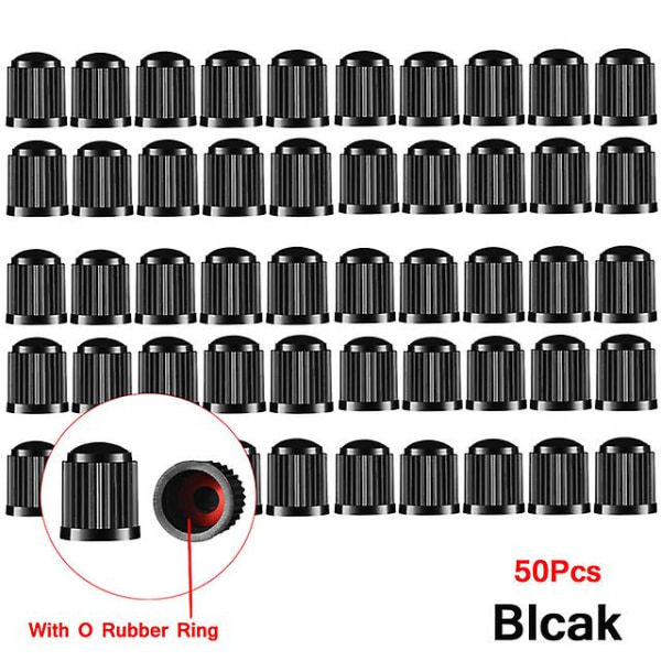 50 stycken cap (svart), cover för bildäcksstammar i plast med tätningsring, lämplig för SUV, motorcykel, lastbil, cykel